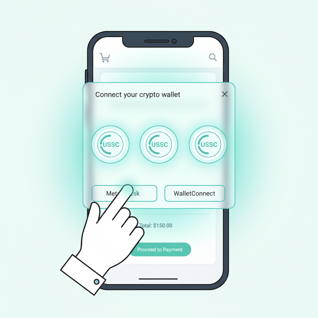 user connecting wallet popup on e-commerce checkout, glowing USDC icons, mobile-first UI