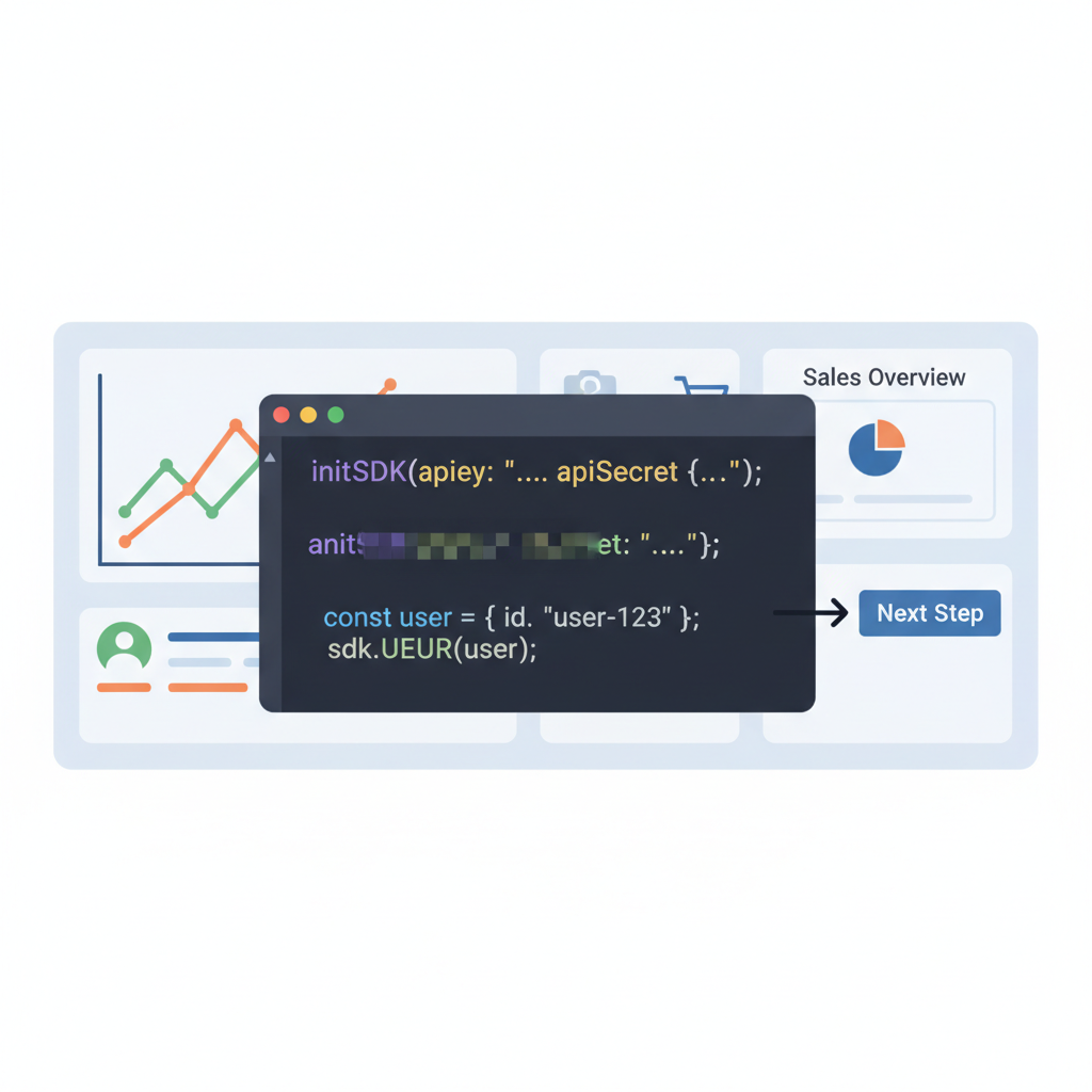 code editor with SDK init function, API keys blurred, e-commerce dashboard background