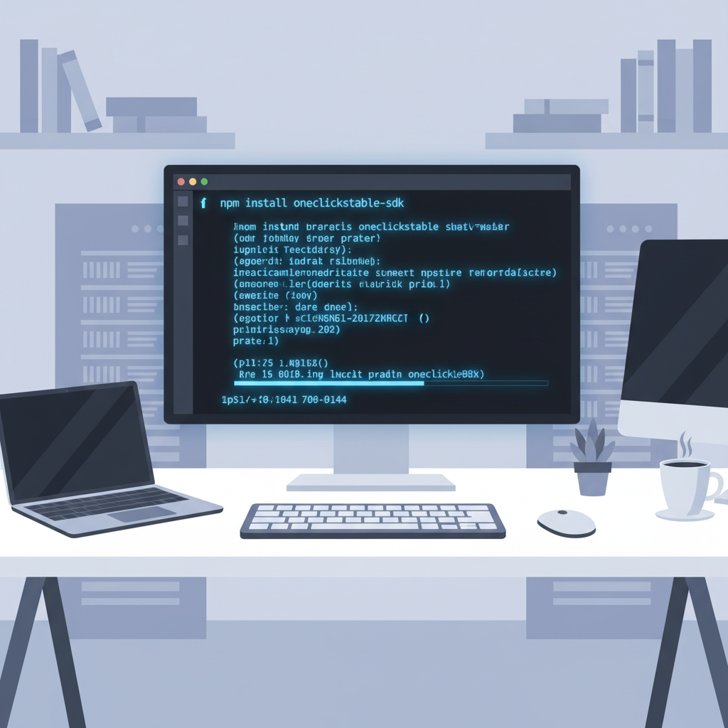 terminal window running npm install oneclickstable-sdk, code glowing blue, modern dev setup