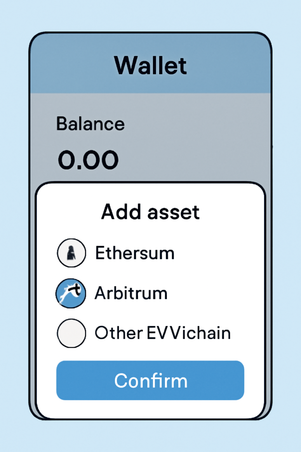 A wallet interface with a pop-up window showing options for adding Ethereum, Arbitrum, and other EVM chains, with a 'Confirm' button.
