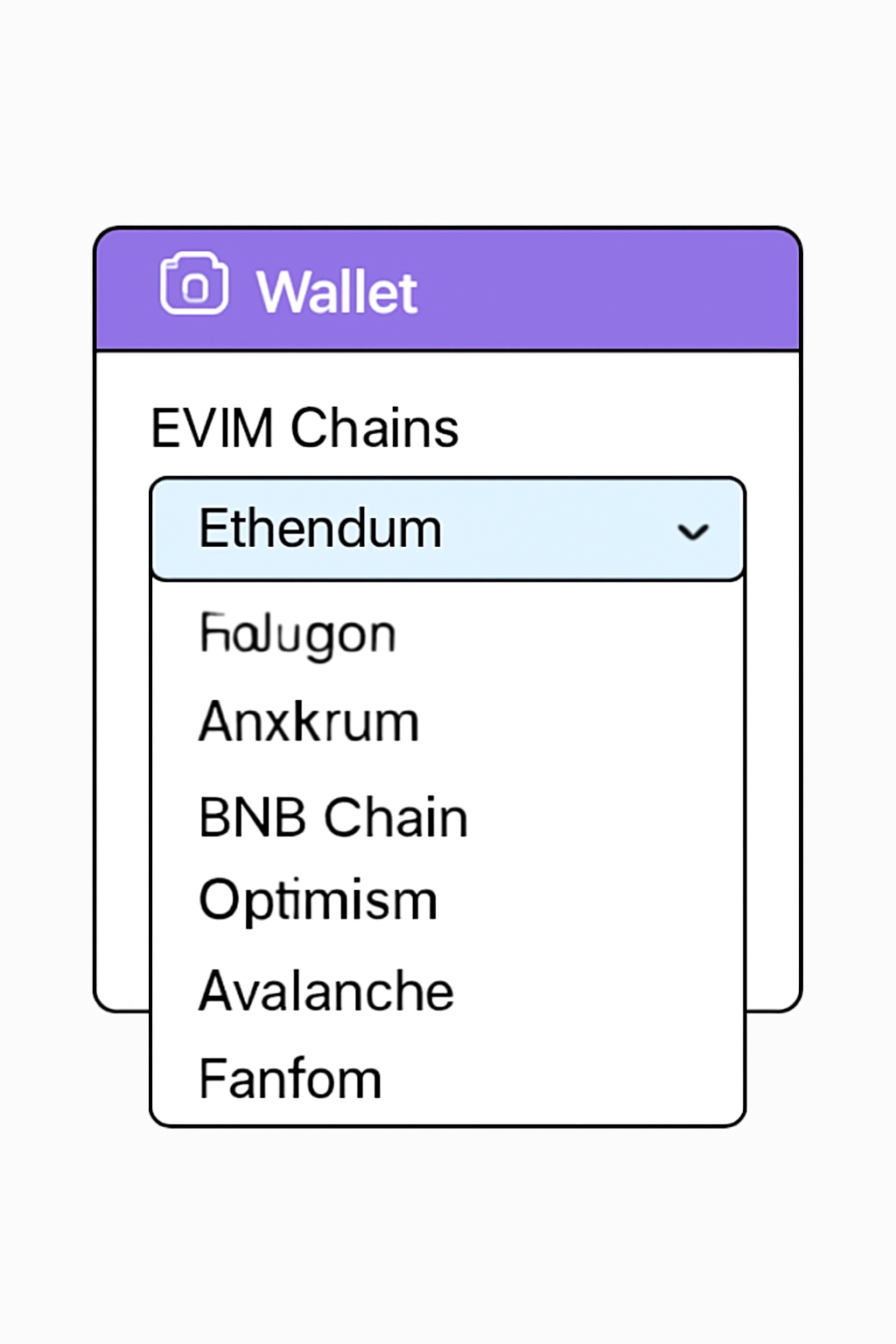 A dropdown menu in a wallet interface listing various EVM chains, with one highlighted as selected.