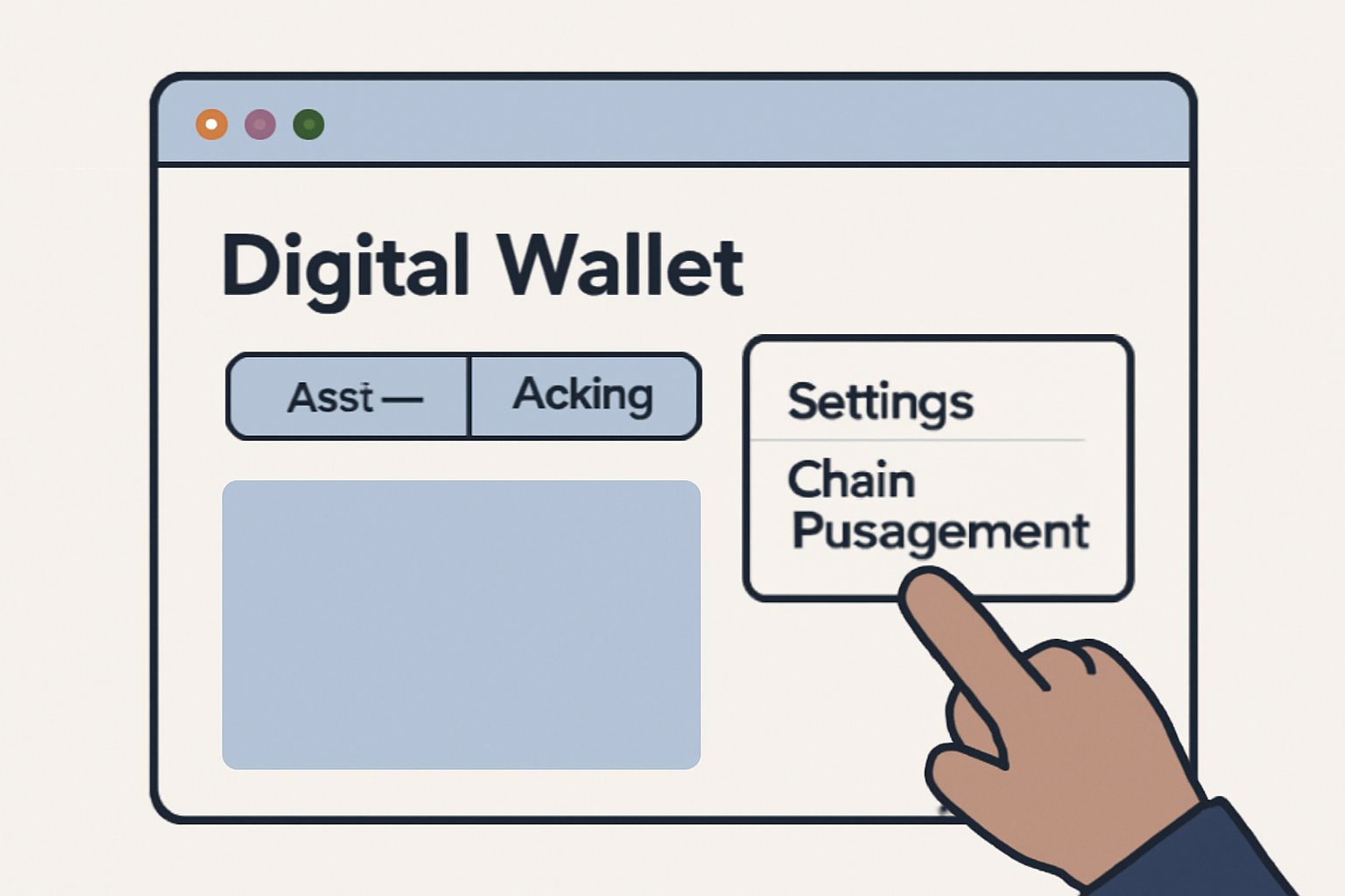 A digital wallet interface open on a browser, highlighting the settings and chain management section, with a user pointing at it.