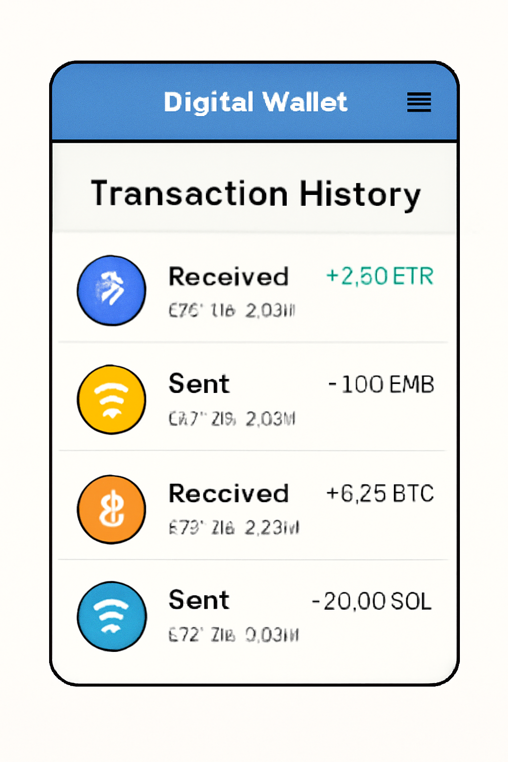 A digital wallet interface showing a 'Transaction History' tab with a list of recent transactions and chain logos.