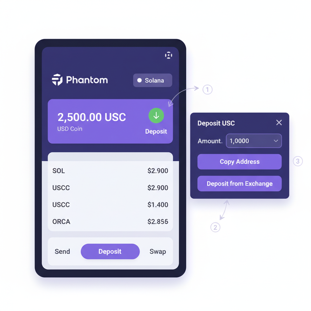 Solana Phantom wallet interface showing USDC balance deposit