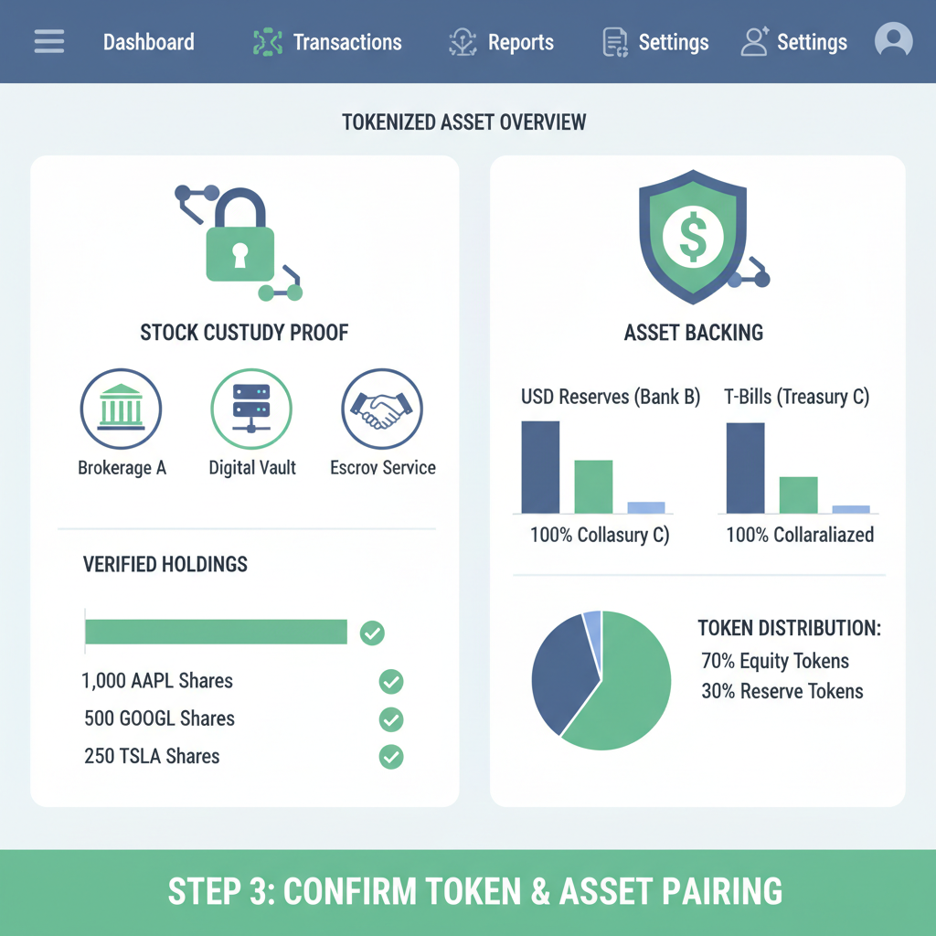 Dashboard showing tokenized stock custody proof and backing