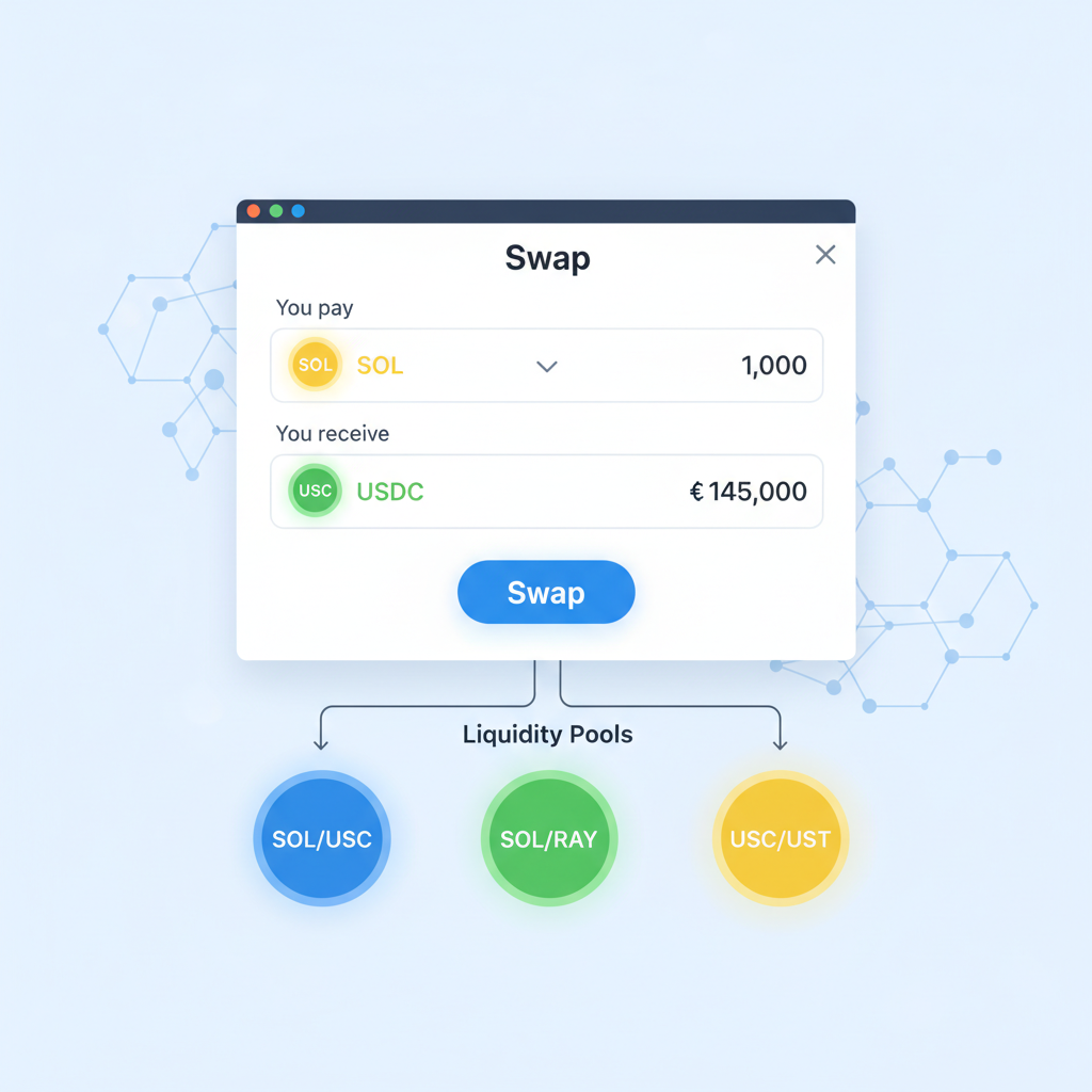 Jupiter DEX swap interface on Solana, SOL to USDC conversion, liquidity pools glowing
