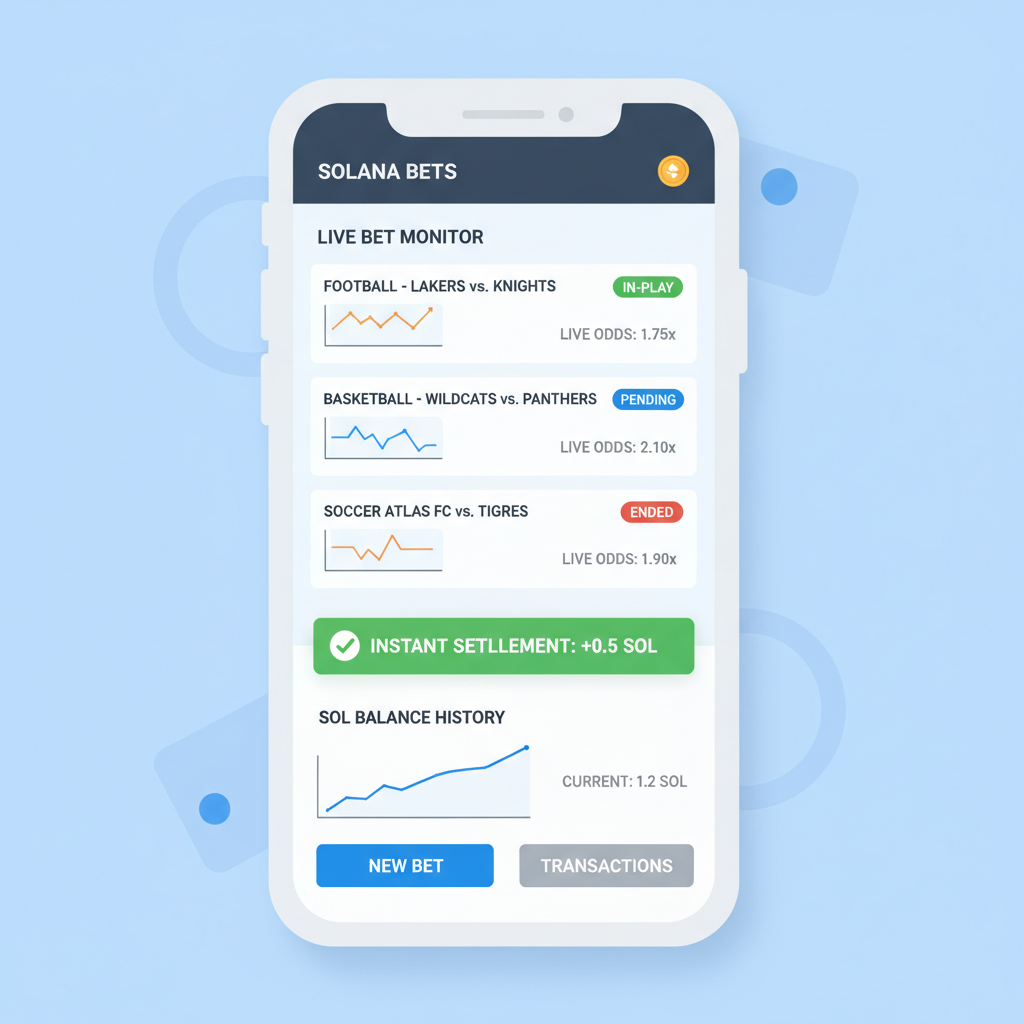 Mobile app dashboard monitoring Solana sports bet, live charts, instant settlement notification