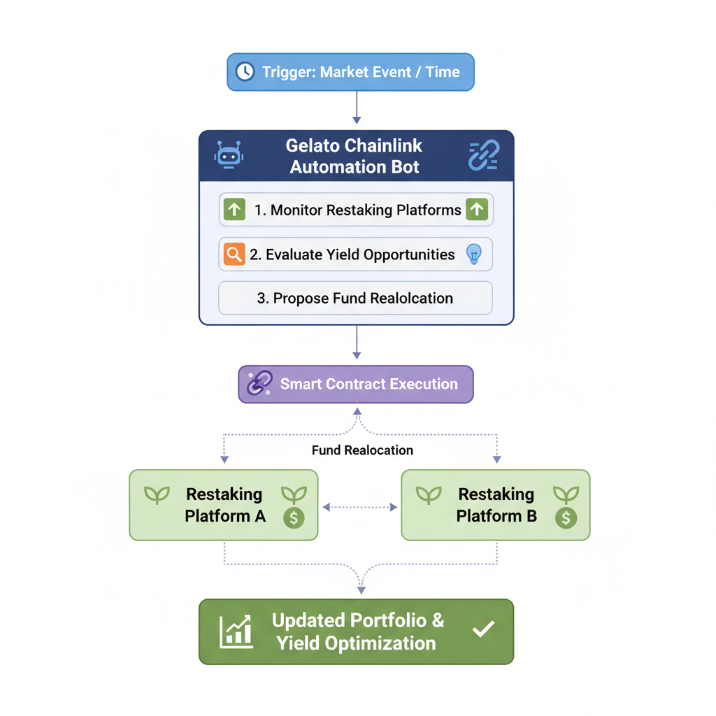 automation workflow diagram with Gelato Chainlink bots reallocating restaking funds