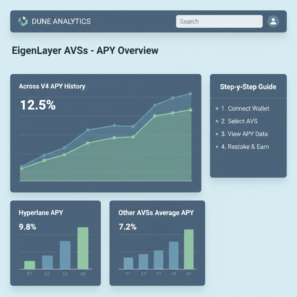 clean Dune analytics dashboard displaying APY charts for EigenLayer AVSs like Across V4 Hyperlane