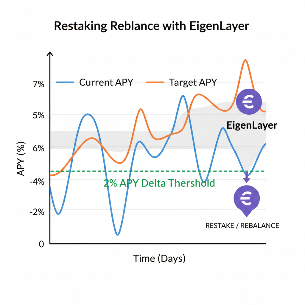 line graph showing 2% APY delta threshold for restaking rebalance with EigenLayer icons