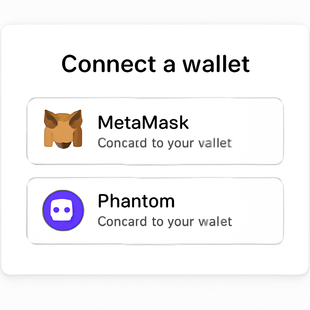 A web interface showing wallet connection prompts for MetaMask and Phantom.
