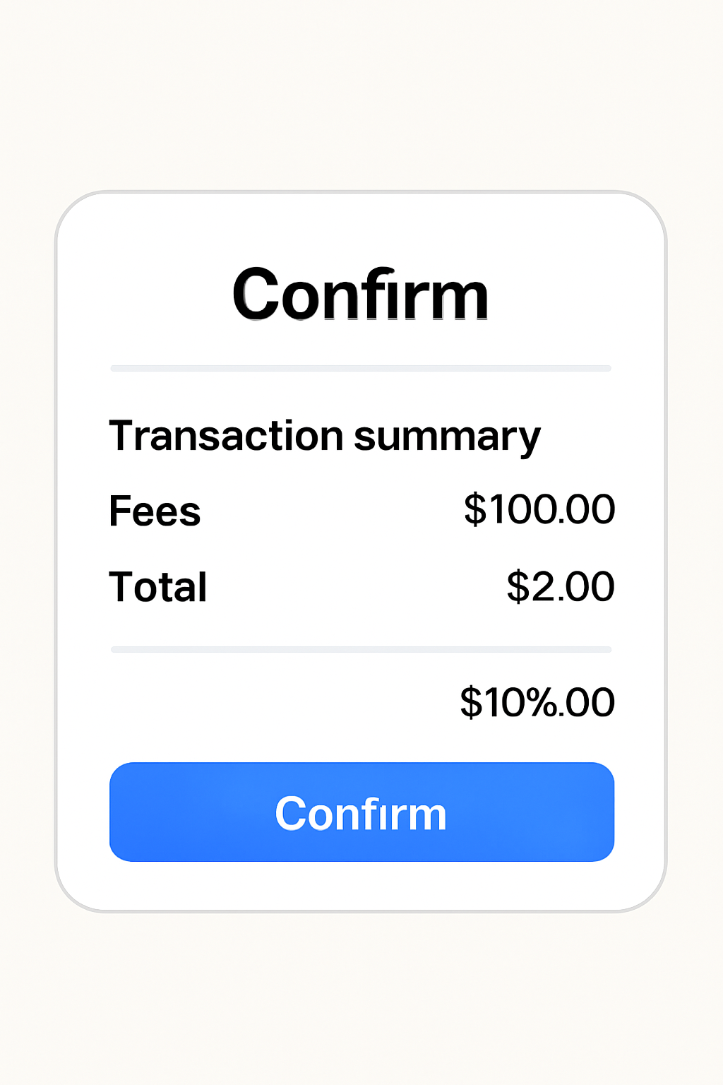 A confirmation popup showing transaction summary, fees, and a 'Confirm' button.