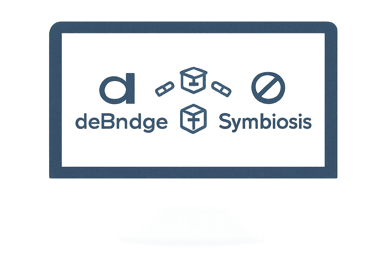 A computer screen displaying the deBridge and Symbiosis logos side by side, with blockchain icons connecting them.