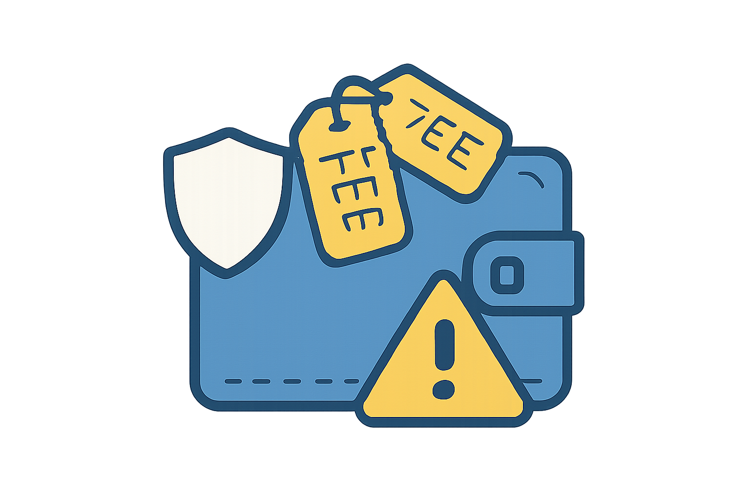 A shield icon, fee tags, and a warning sign on a digital wallet background.