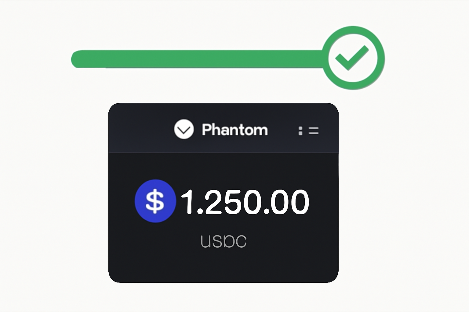 A progress bar on a web interface, with a checkmark and the Phantom wallet showing a USDC balance.