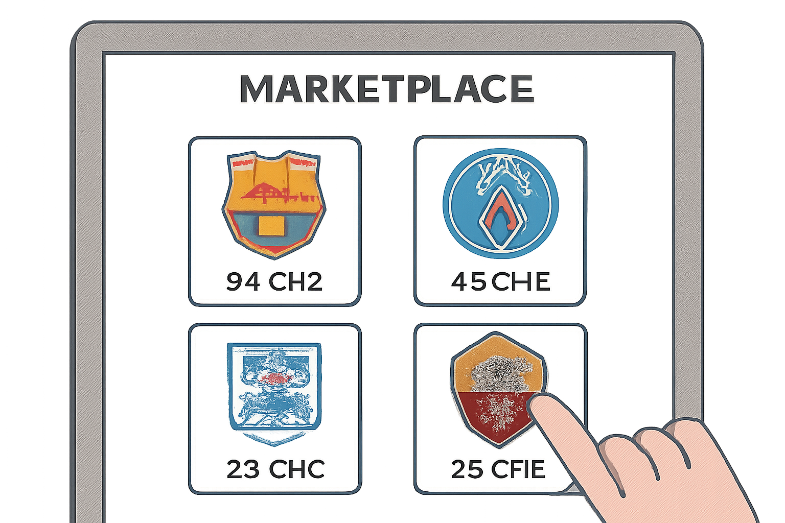 A digital marketplace interface showing various soccer team logos and their fan token prices, with a user tapping on a team.