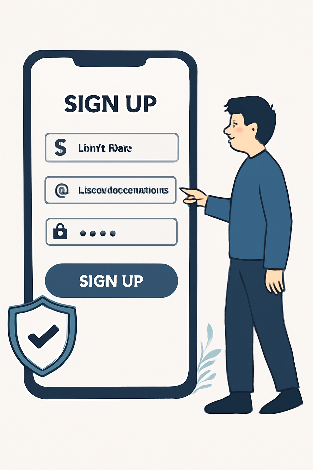 A user entering details on a mobile registration form, with a shield icon representing security.