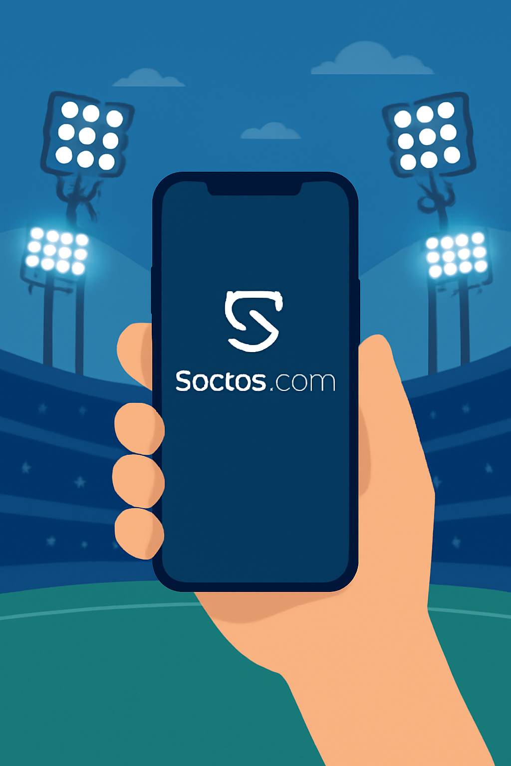 A smartphone displaying the Socios.com app logo on the screen, with a backdrop of soccer stadium lights.