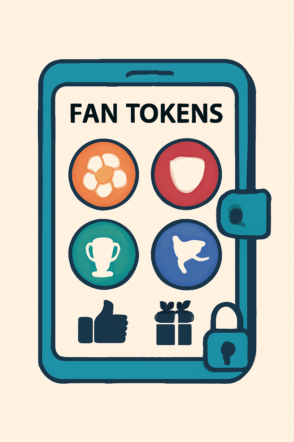 A digital wallet displaying various fan tokens, with icons for voting and rewards, and a padlock symbol for security.