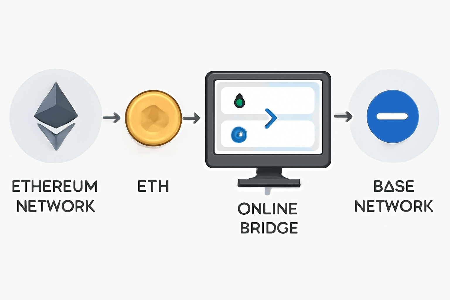 A graphical flow showing ETH being moved from the Ethereum network to the Base network via a secure online bridge interface.