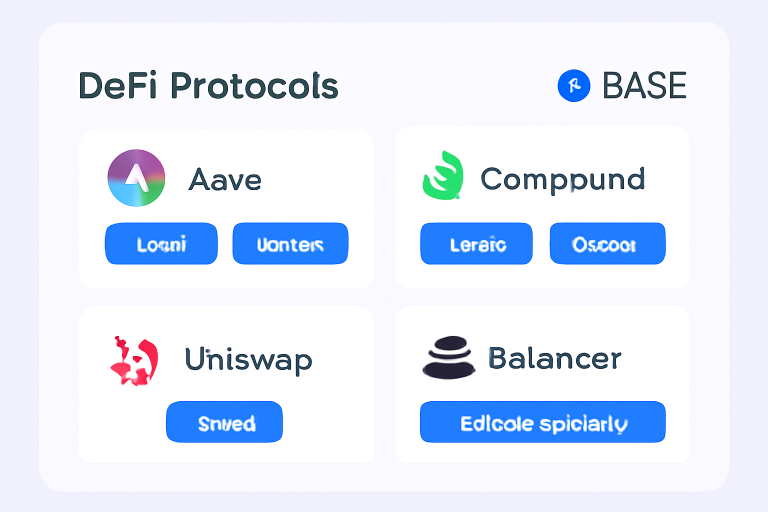 A user interface displaying various DeFi protocols with options to lend, borrow, swap, and provide liquidity, set on the Base network.