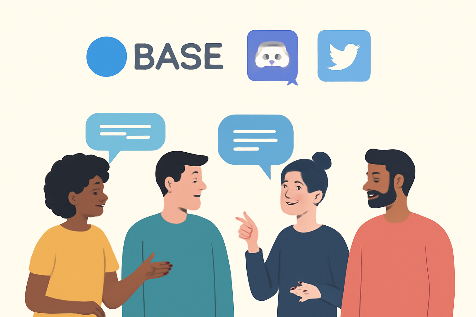 A group of diverse people chatting online, with Discord and Twitter logos, and Base branding in the background.