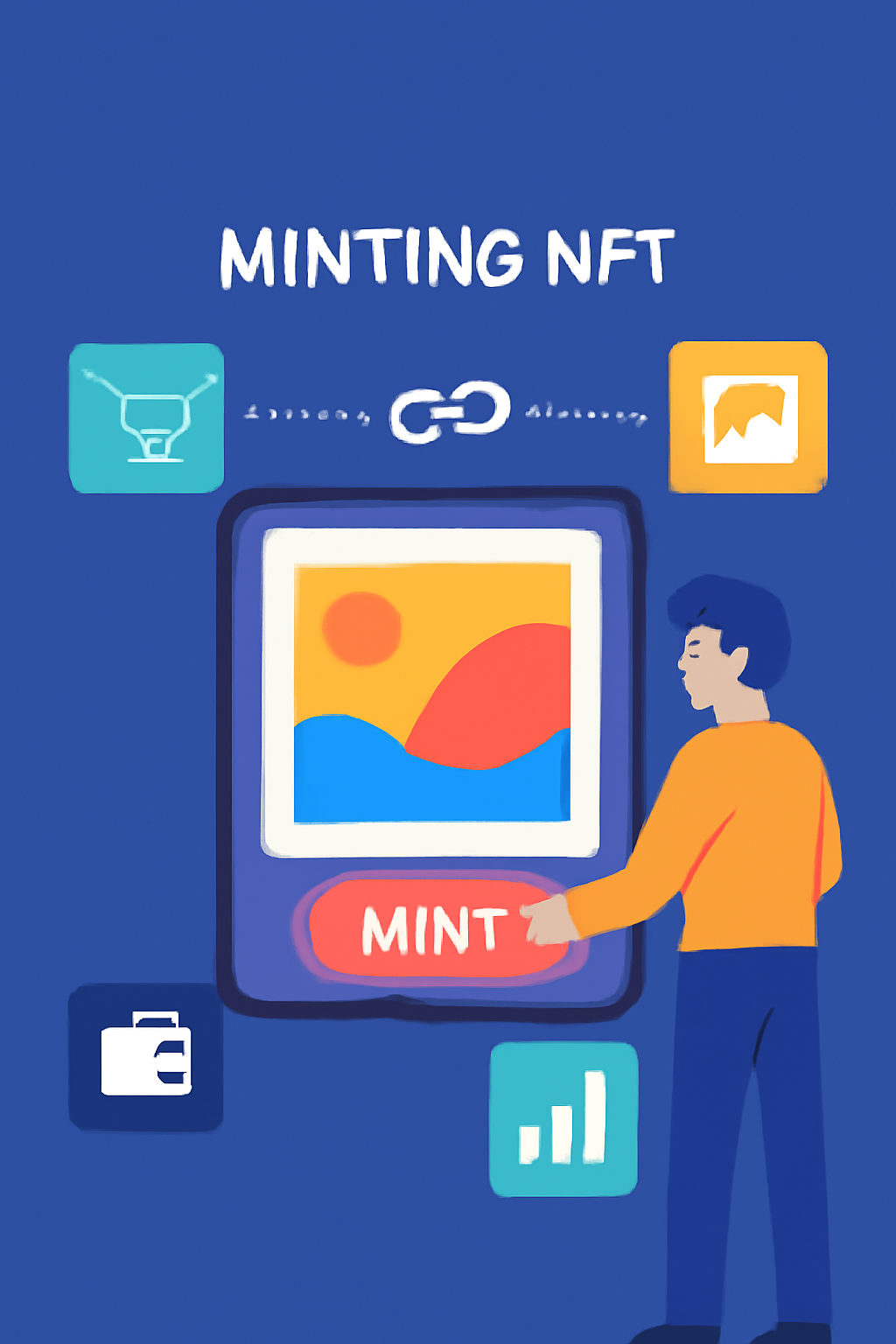 A vibrant digital art NFT being minted on a blockchain platform, with icons representing different dApps.