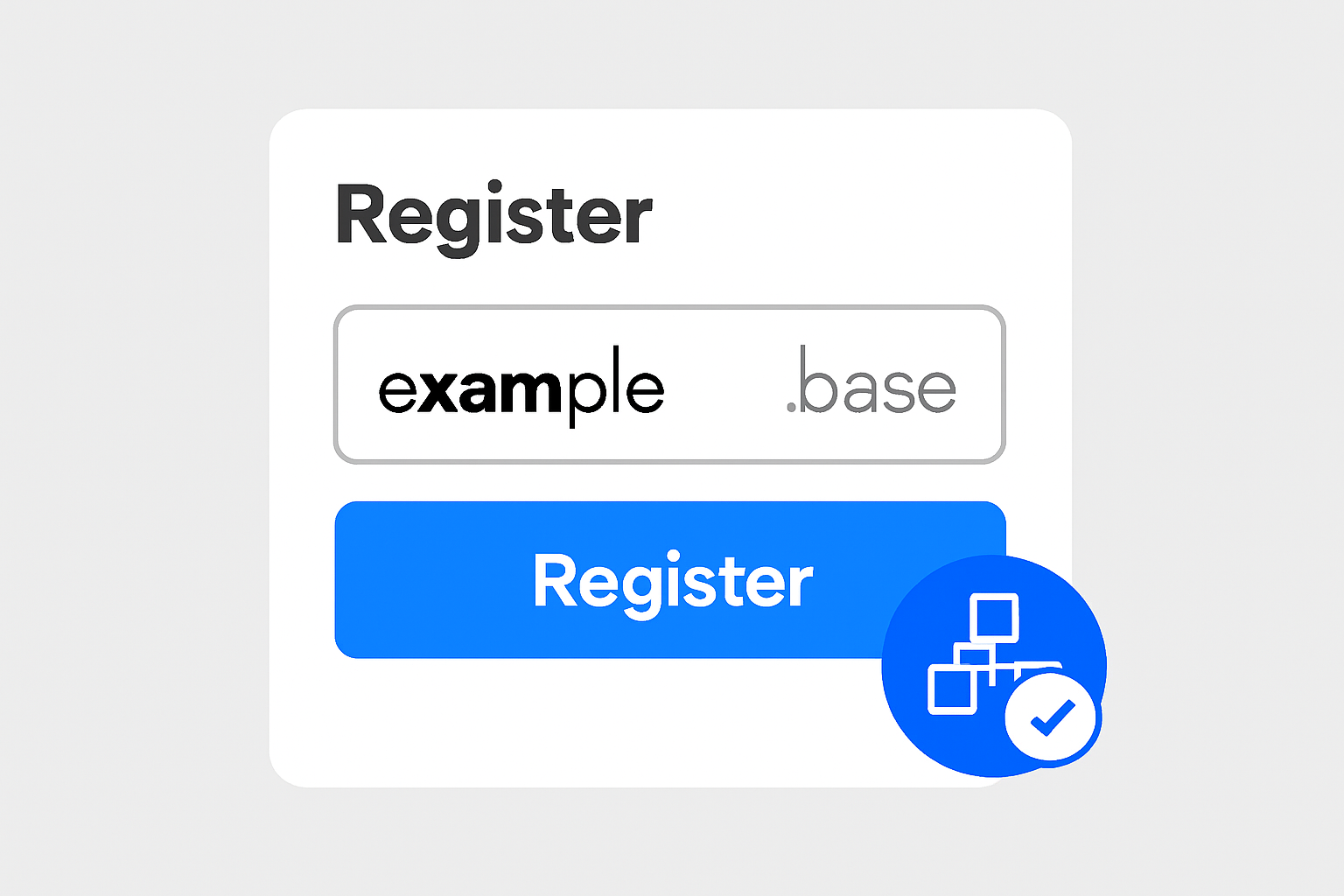 A digital form showing the registration of a unique .base domain name, with a blockchain verification badge.