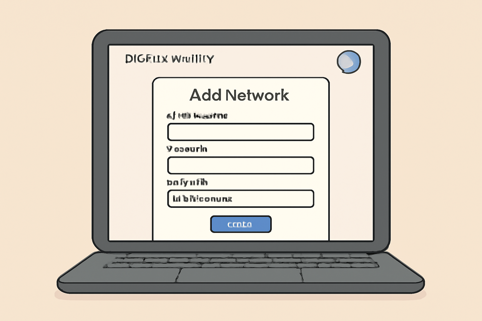 A digital wallet interface on a laptop, with a user adding a new blockchain network, showing fields for network name, RPC URL, chain ID, and block explorer.