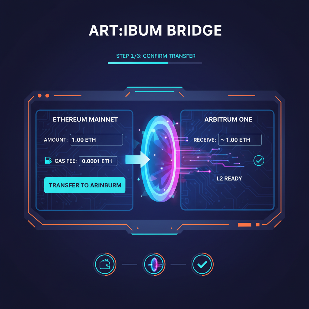 Arbitrum bridge interface transferring ETH to L2, glowing portal animation, cyberpunk style