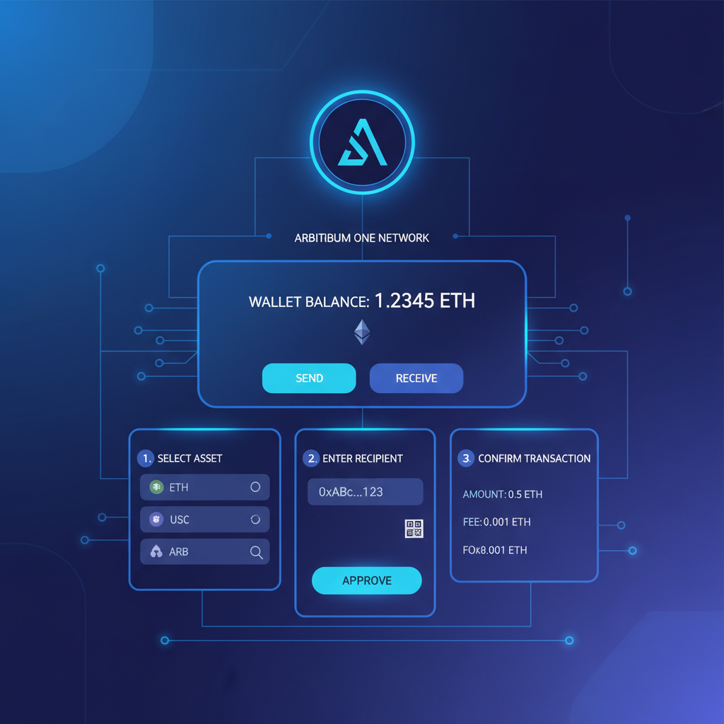 sleek crypto wallet interface connected to Arbitrum One network, futuristic UI, neon blues