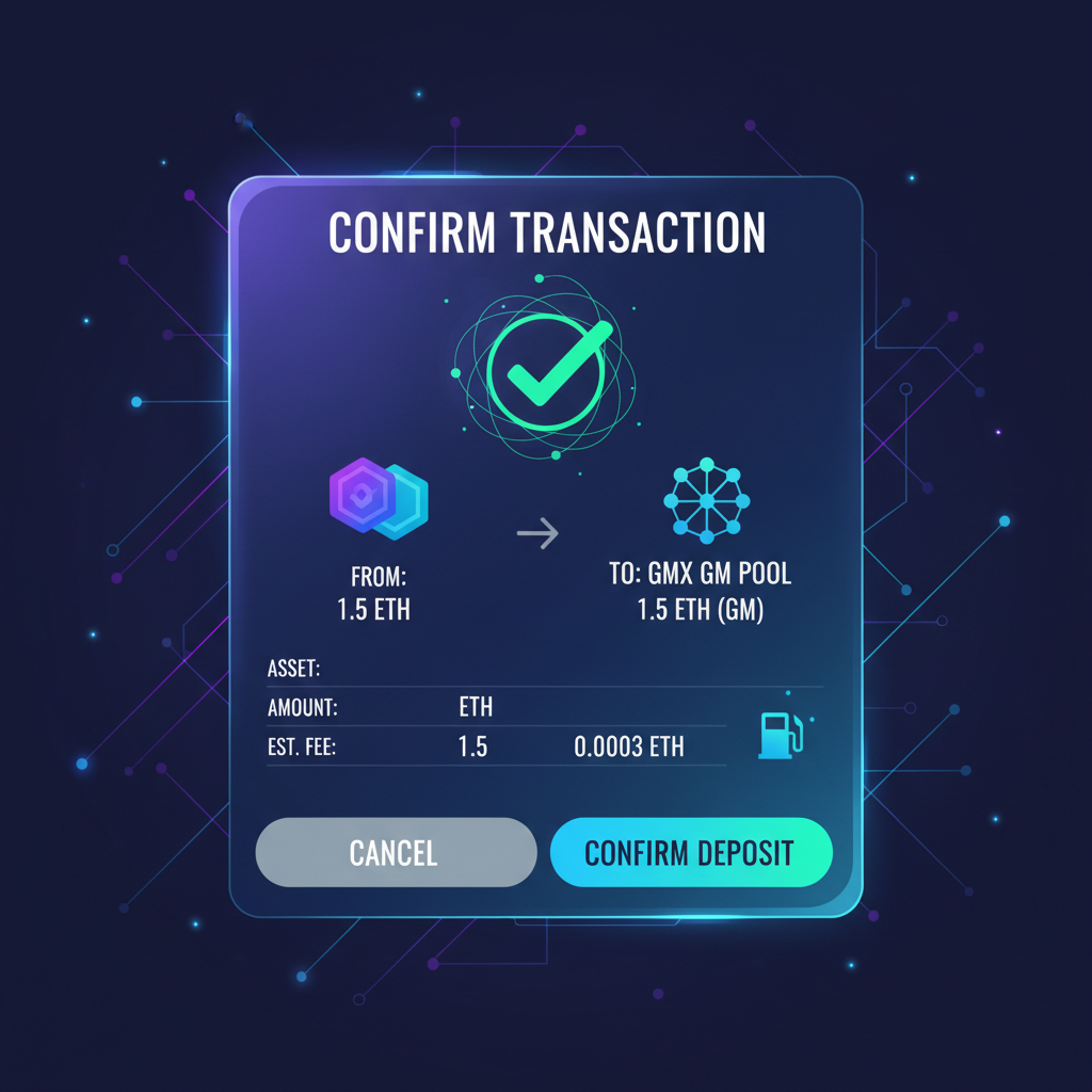 Depositing assets into GMX GM pool, transaction confirmation screen, vibrant DeFi graphics