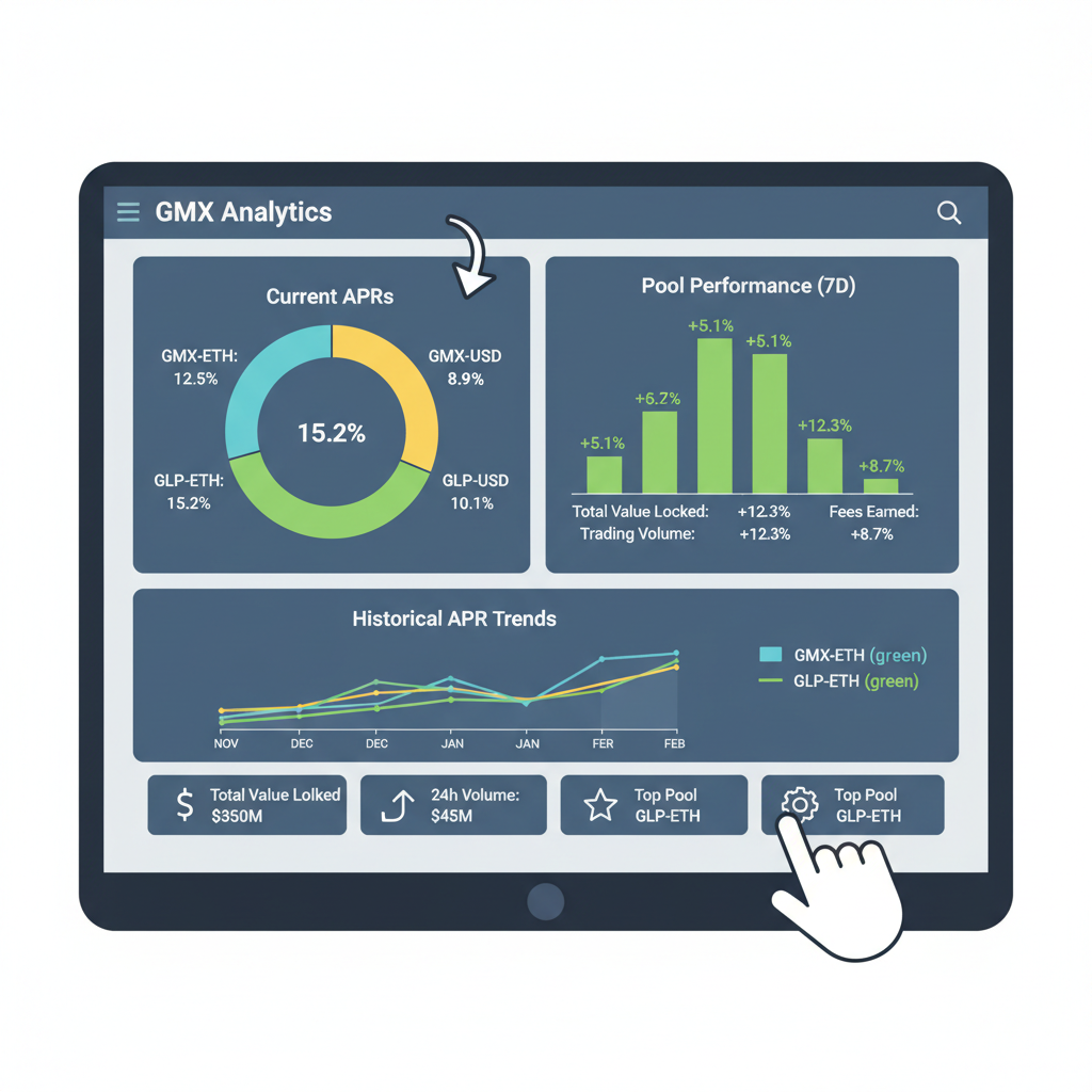 GMX analytics dashboard monitoring APRs and pool performance, data visualizations