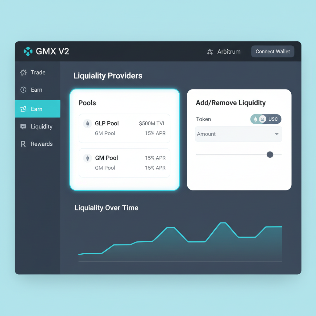 GMX V2 dashboard on Arbitrum, liquidity tab highlighted, modern DeFi interface