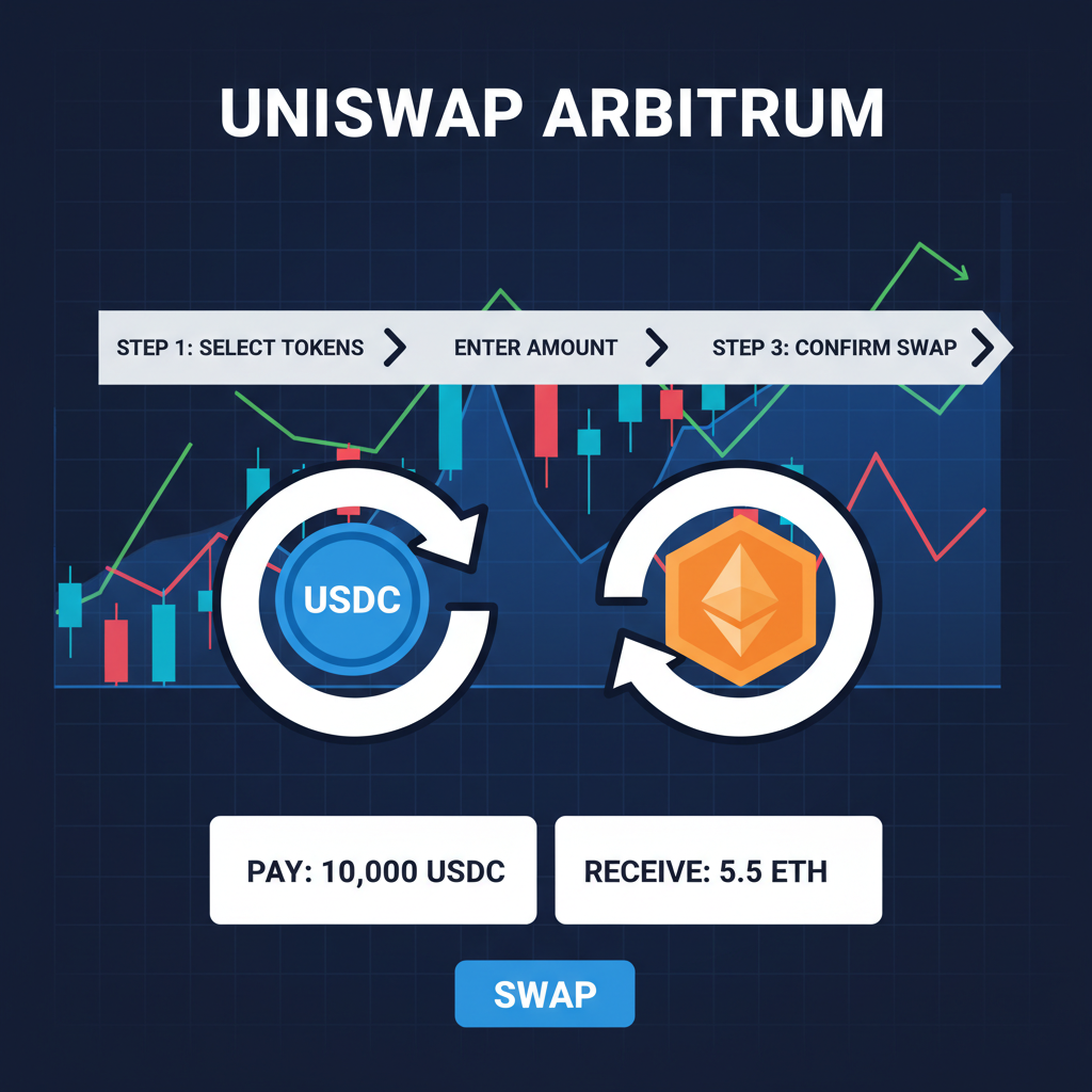 Uniswap Arbitrum swapping USDC to ETH, trading chart background