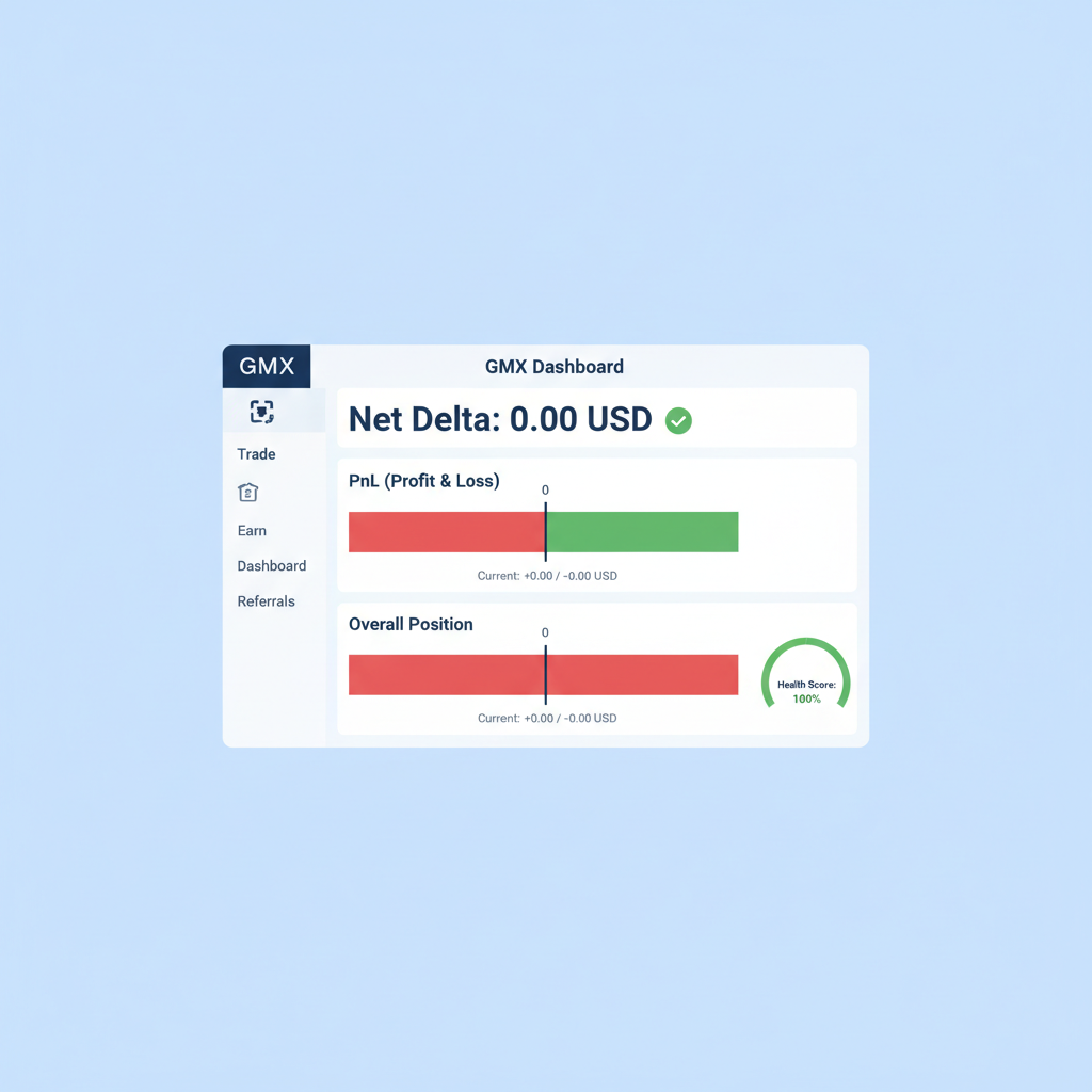 GMX dashboard net delta zero, balanced PnL charts