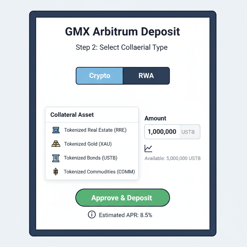 GMX Arbitrum deposit screen selecting RWA collateral