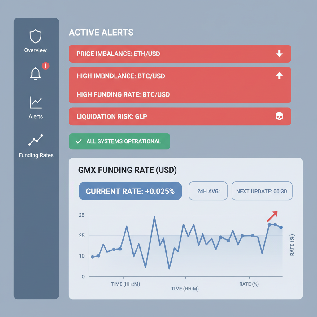GMX monitoring dashboard with alerts, funding rate chart