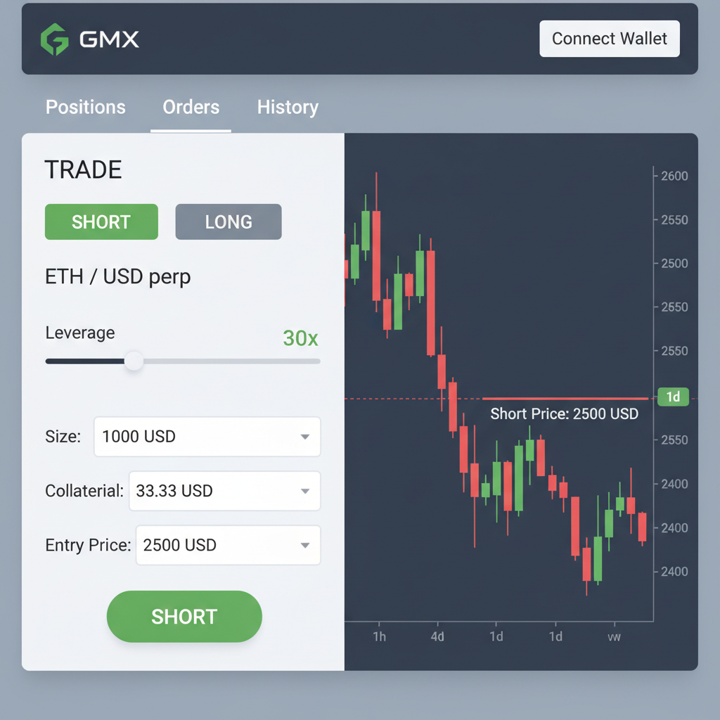 GMX trade panel shorting ETH perp, leverage slider, price chart