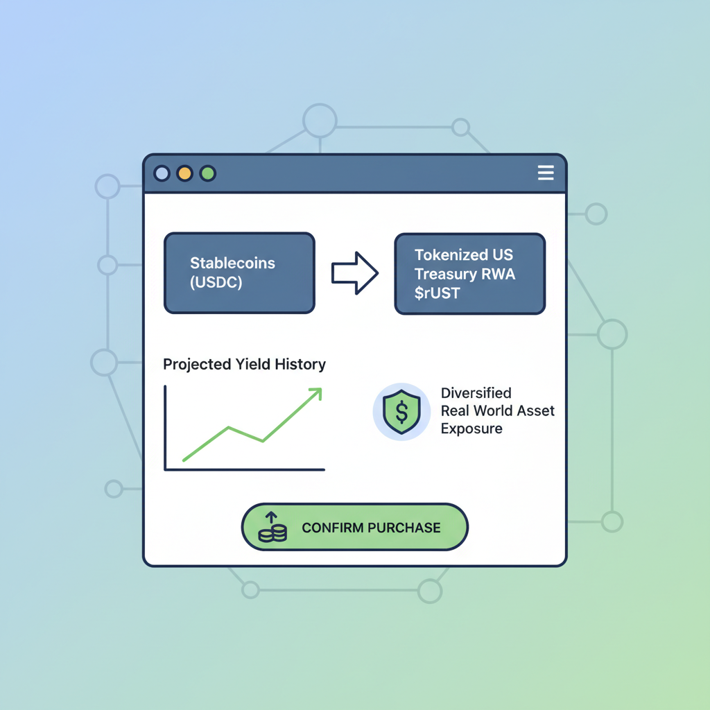 DeFi app buying tokenized Treasury RWA, yield graph ascending