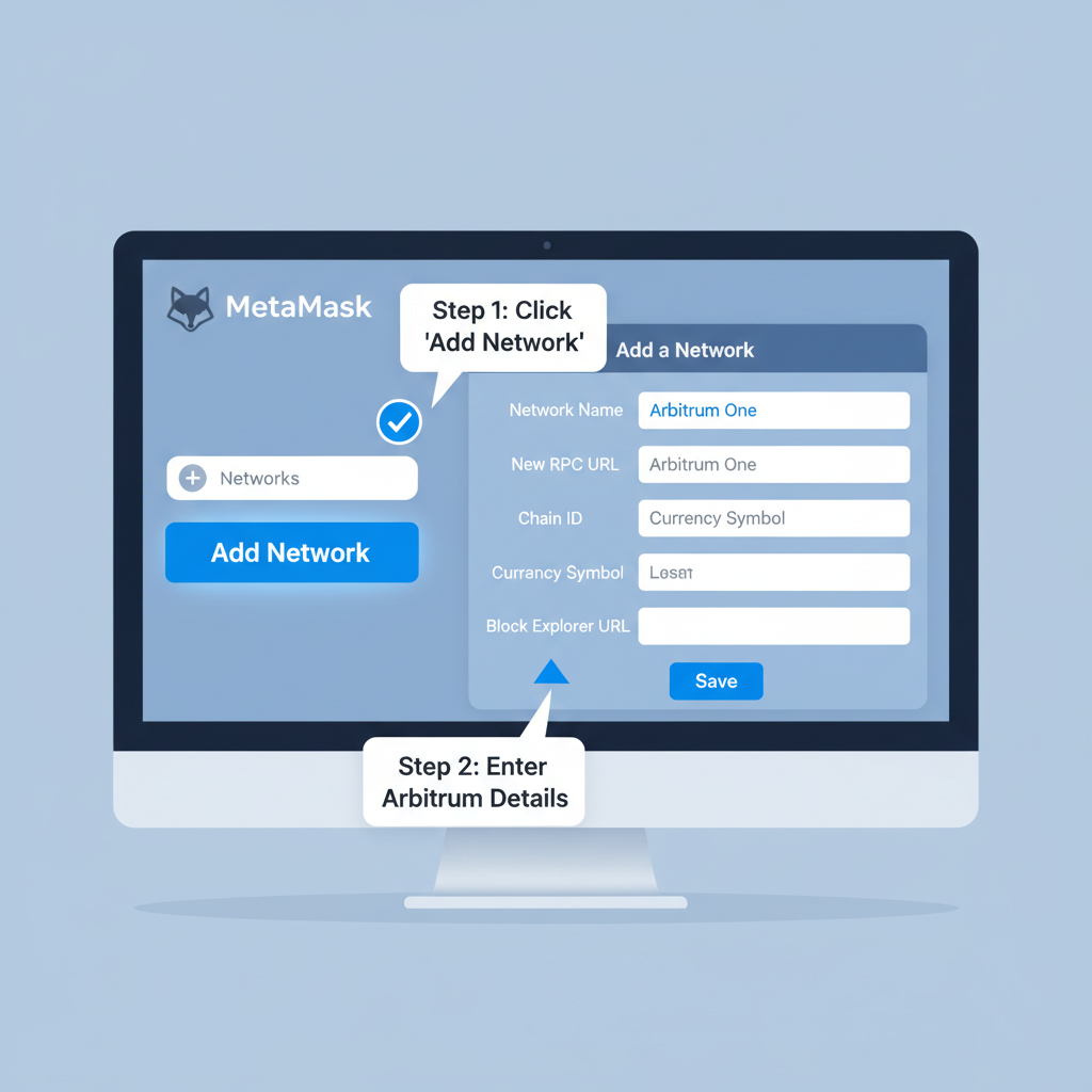 MetaMask adding Arbitrum network, clean DeFi wallet UI, blue tones