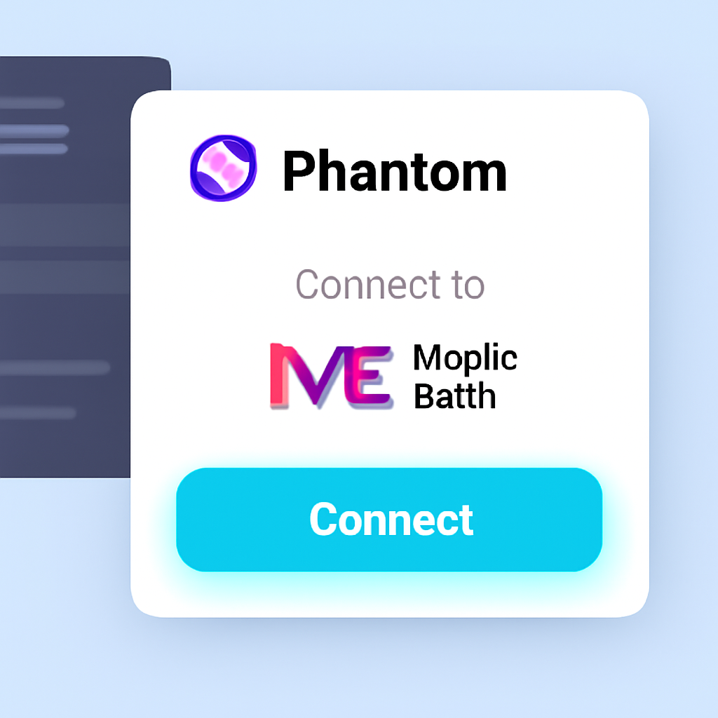 Phantom wallet popup connecting to Magic Eden, clean Solana interface, glowing connect button
