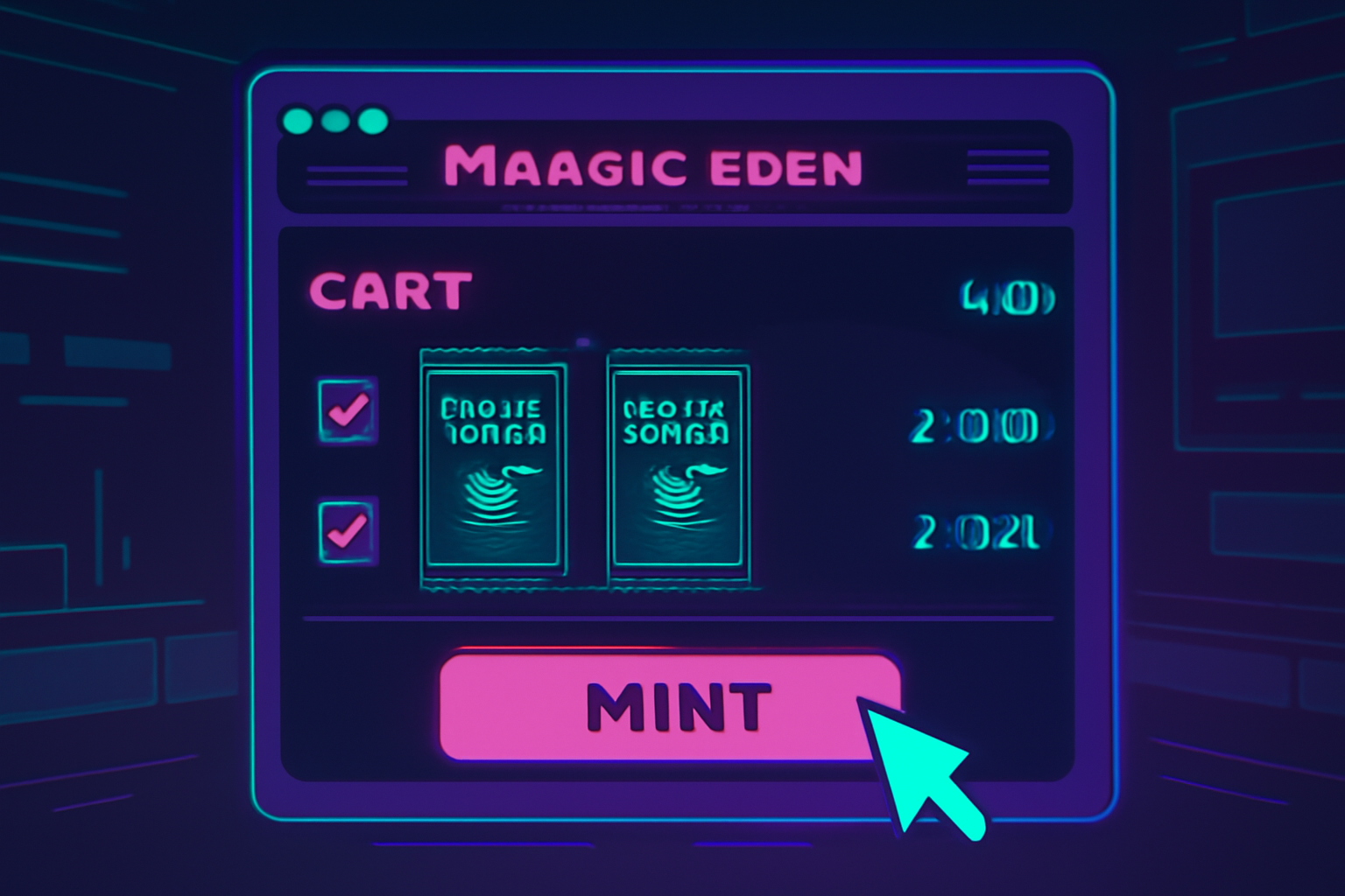 Magic Eden cart with two Solana Game Pass booster packs selected, mint button highlighted, cyberpunk style