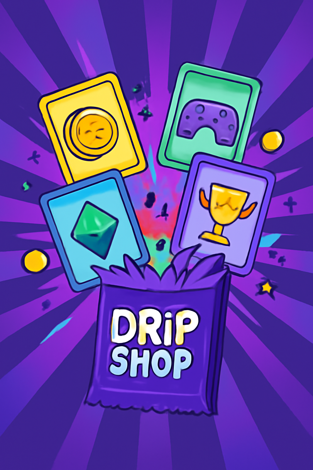 DRiP SHOP pack opening animation, cards exploding out with prize icons, vibrant Solana gaming aesthetic