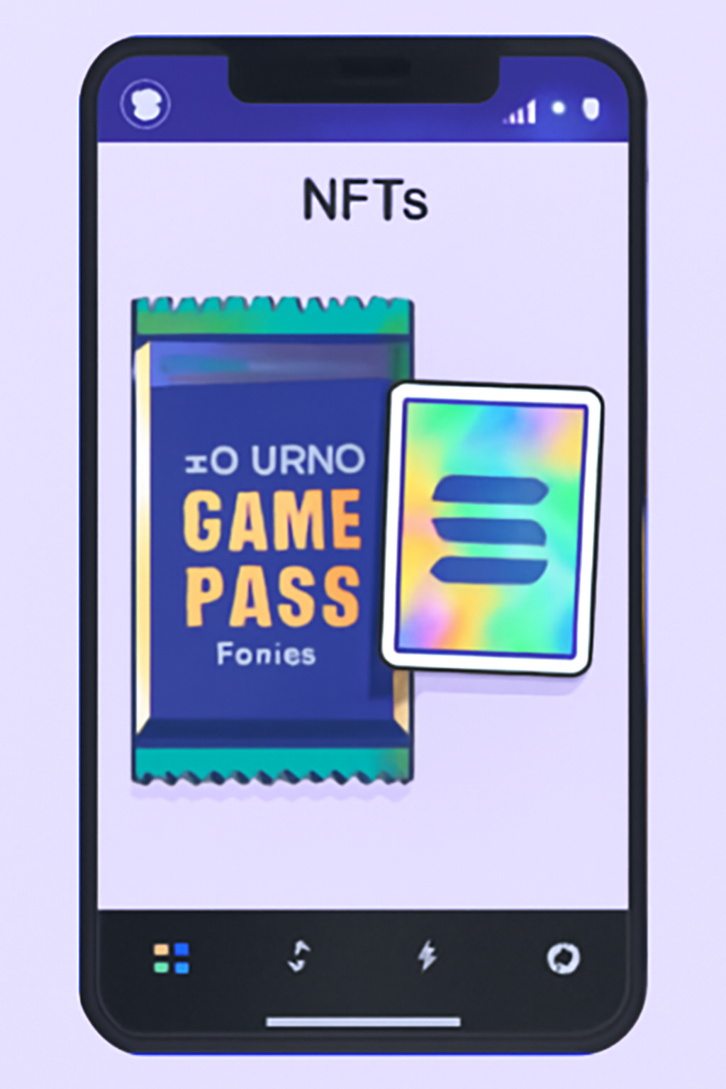 Phantom wallet displaying fresh Solana Game Pass Season 1 booster pack NFT, holographic card preview