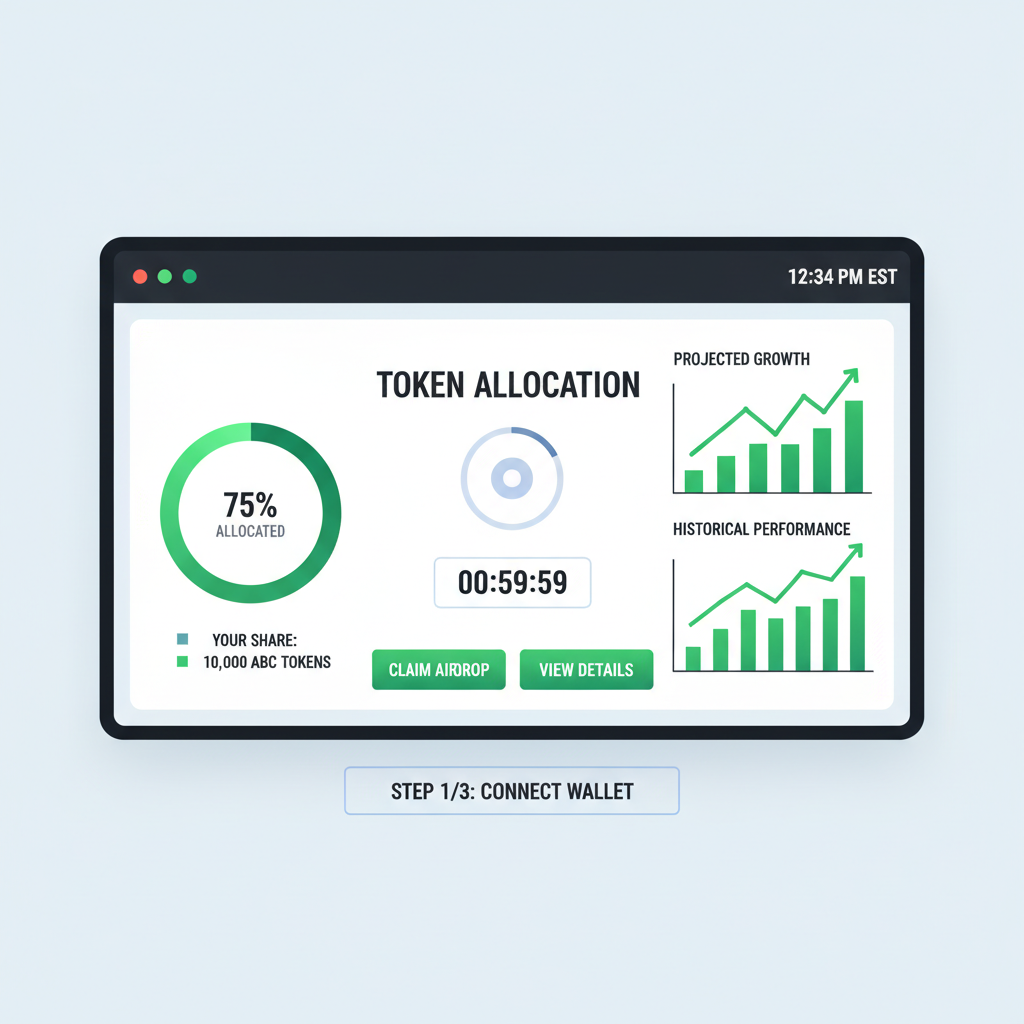 crypto airdrop dashboard showing token allocation timer countdown, green charts, digital clock