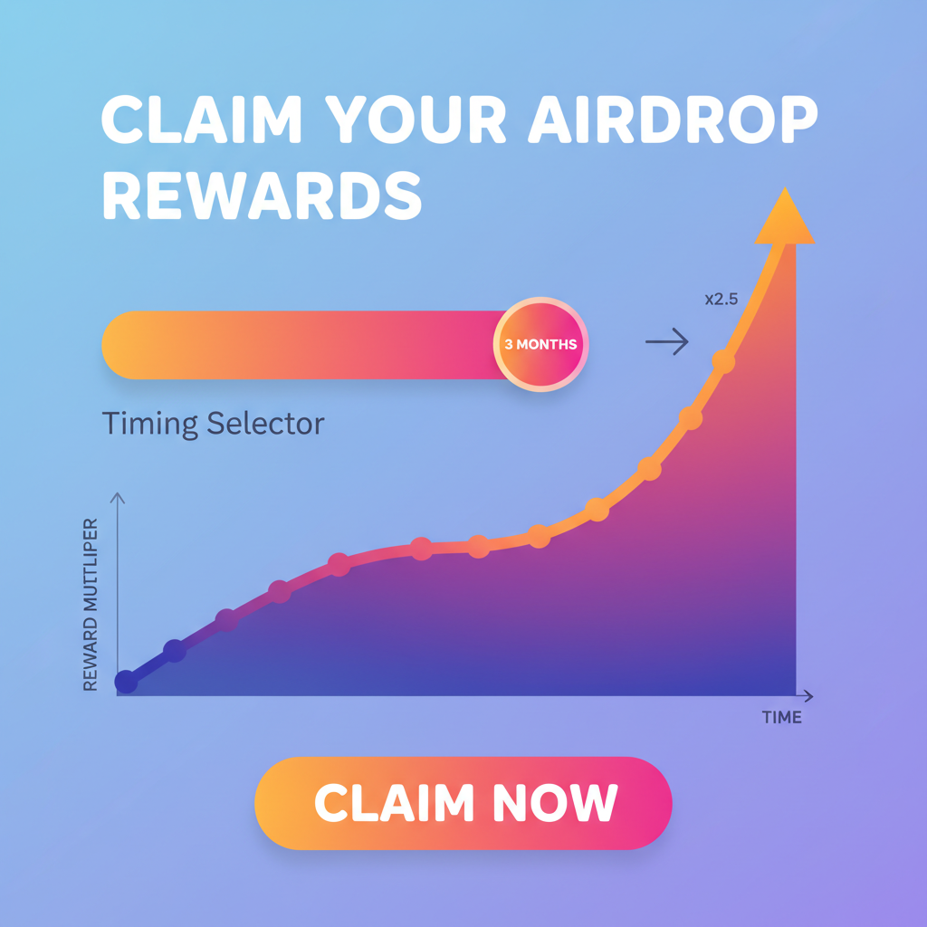timing selector slider for airdrop claim, reward multiplier graph rising over time, vibrant gradients