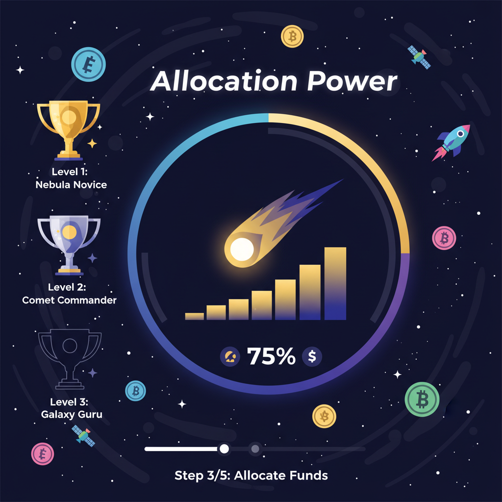 user dashboard with Allocation Power meter filling up, trophy icons, cosmic crypto theme