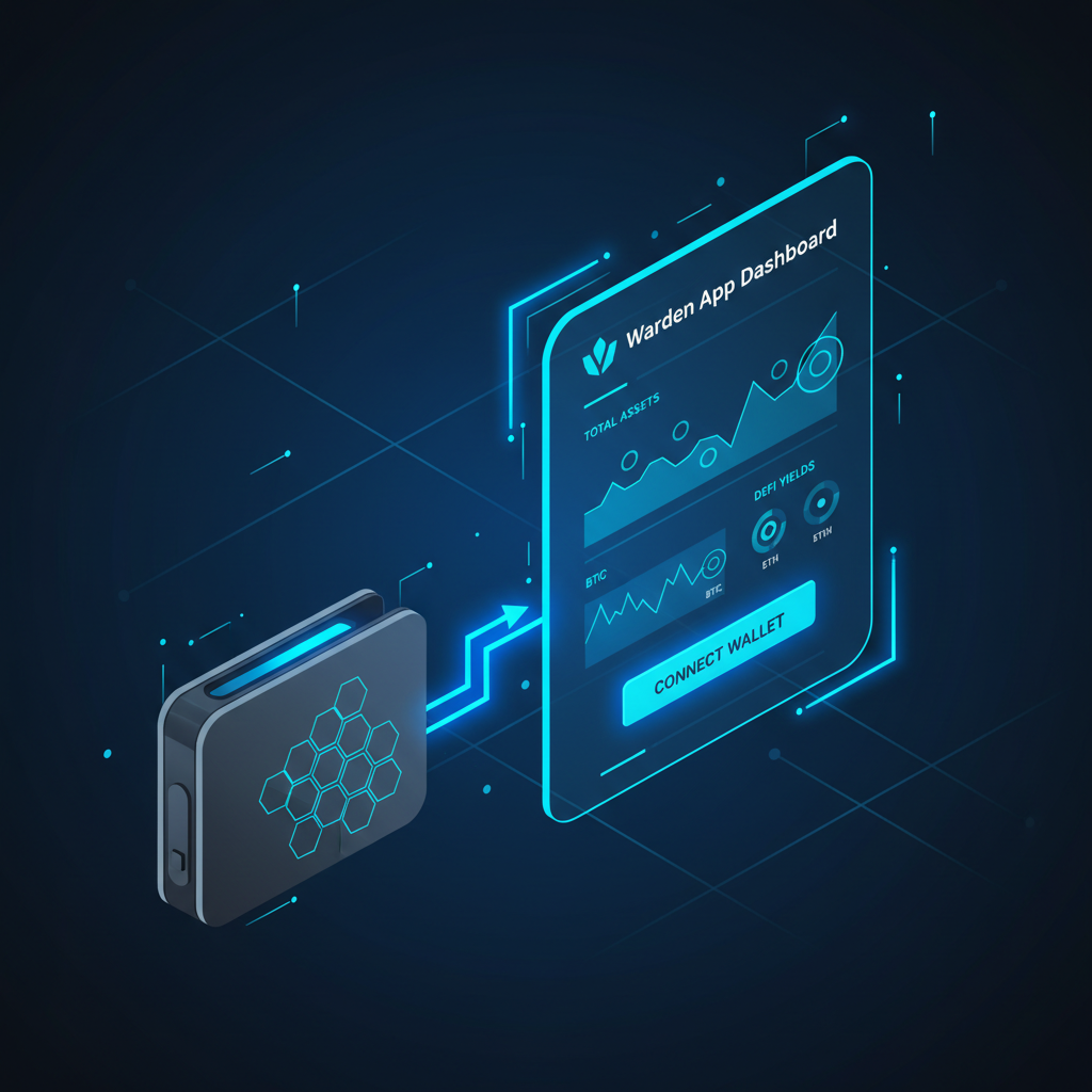 sleek crypto wallet connecting to Warden app dashboard, neon blue tones, futuristic UI