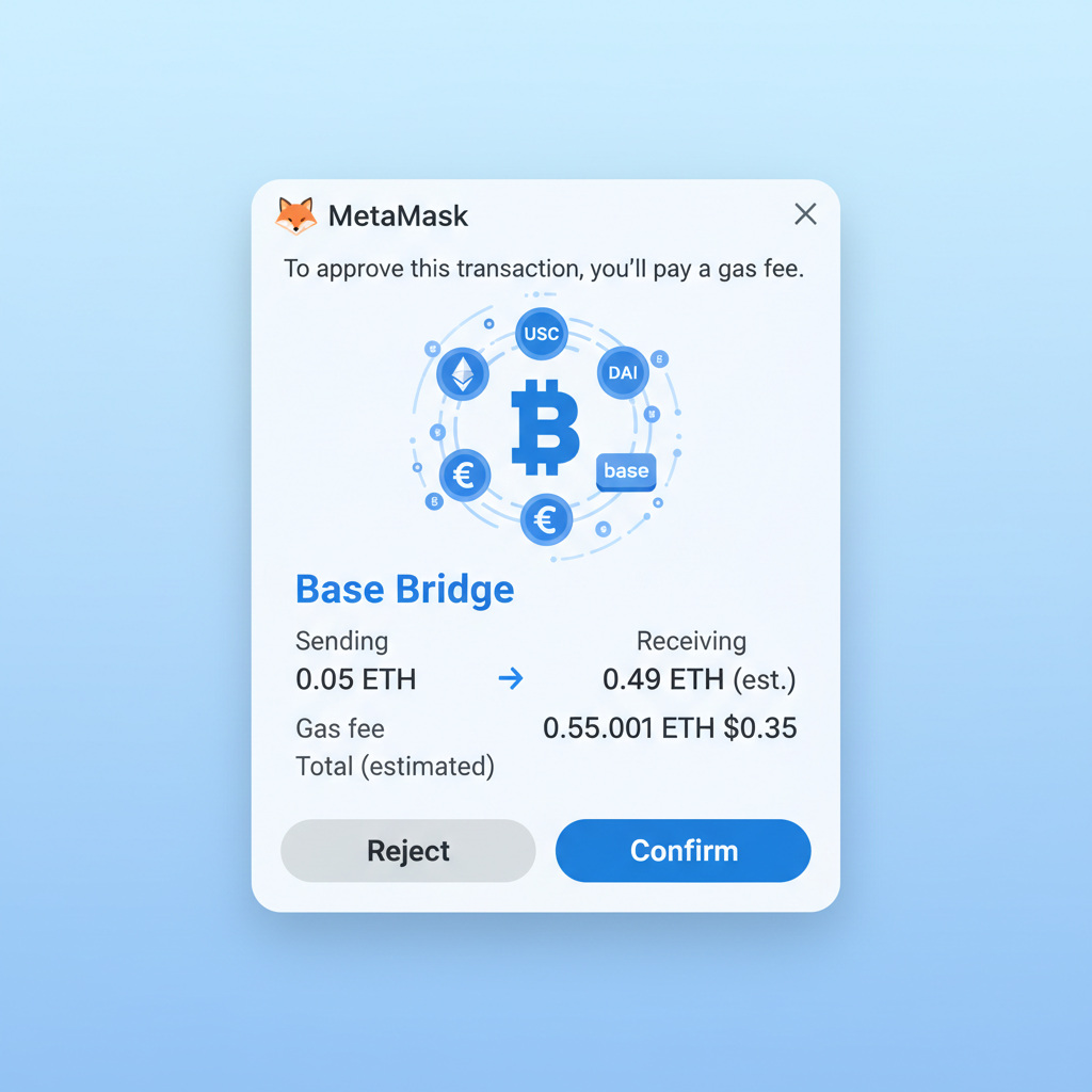 MetaMask approval popup for Base bridge, transaction details, gas fee shown, confirm button, dynamic crypto animation